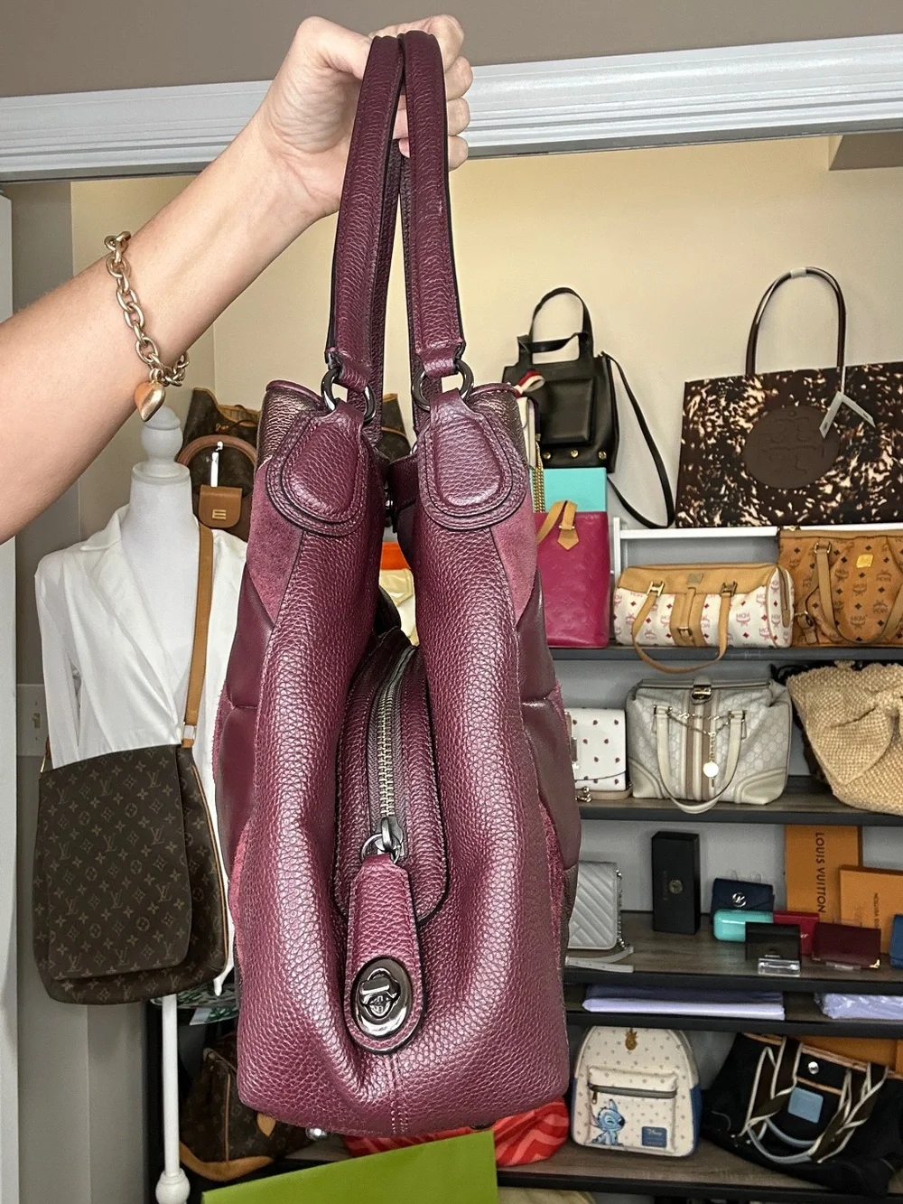 Coach Patchwork Suede & Leather Hobo Shoulder Bag 2016 Burgundy Metallic - Picture 5 of 13